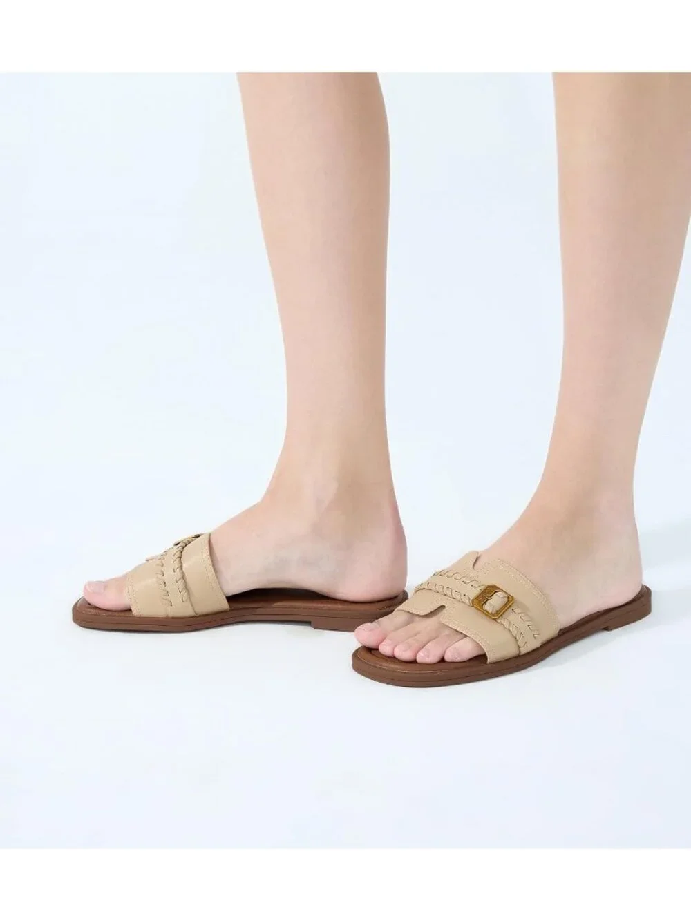Women's Khaki Square Toe Flat Sandals Slides Dressy Comfortable for Casual